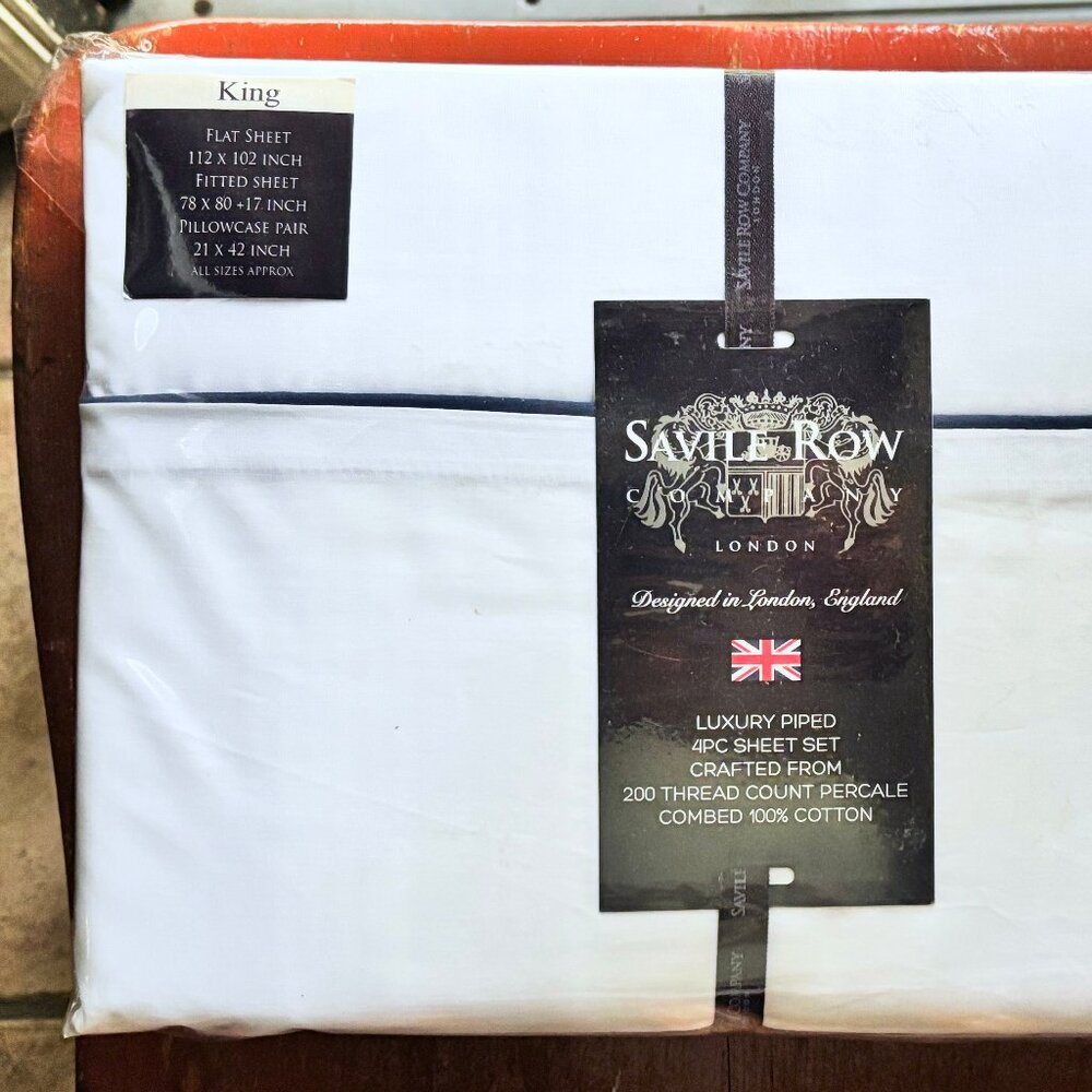 The Savile Row Company London 100% Cotton King Size Sheet Set  -  Black Piping